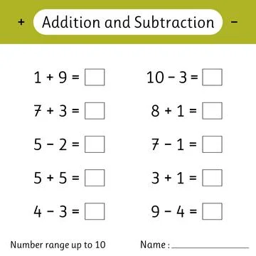 Addition and Subtraction. Number range up to 10. Solve examples and write. .. Stock Illustration