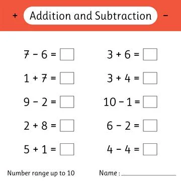 Addition and Subtraction. Number range up to 10. Mathematics. Math workshee.. Stock Illustration