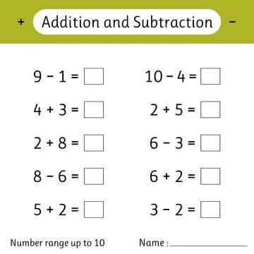 Addition and Subtraction. Number range up to 10. Math worksheet for kids. S.. Stock Illustration