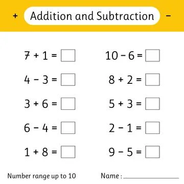 Addition and Subtraction. Number range up to 10. Mathematics. Math workshee.. Stock Illustration