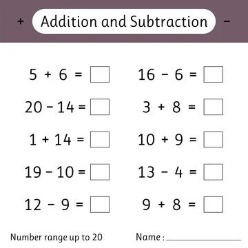Addition and Subtraction. Number range up to 20. Math worksheet for kids. D.. Illustrazione stock