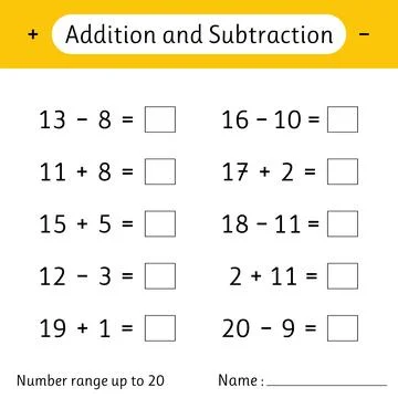 Addition and Subtraction. Number range up to 20. Math worksheet for kids. M.. Stock Illustration