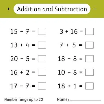 Addition and Subtraction. Number range up to 20. Math worksheet for kids. N.. Stock Illustration
