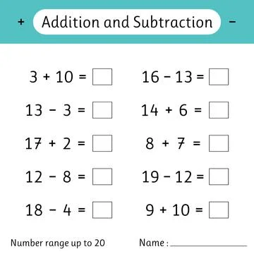 Addition and Subtraction. Number range up to 20. Math worksheet for kids. M.. Stock Illustration