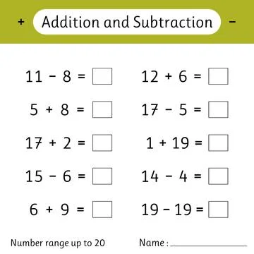 Addition and Subtraction. Number range up to 20. Math worksheet for kids. S.. Stock Illustration