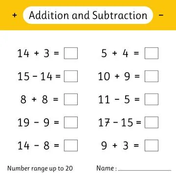 Addition and Subtraction. Number range up to 20. Math worksheet for kids. S.. Stock Illustration
