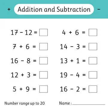 Addition and Subtraction. Number range up to 20. Math worksheet for kids. S.. Stock Illustration