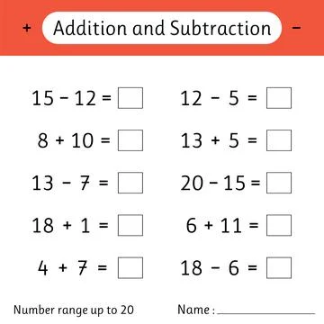 Addition and Subtraction. Number range up to 20. Math worksheet for kids. S.. Stock Illustration