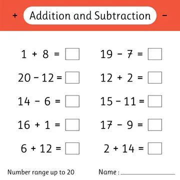 Addition and Subtraction. Number range up to 20. Mathematics. Math workshee.. Stock Illustration