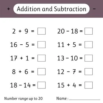 Addition and Subtraction. Number range up to 20. Mathematics. Math workshee.. Stock Illustration