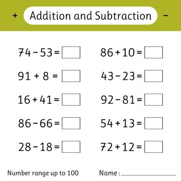 Addition and Subtraction. Number range up to 100. Math worksheet for kids. .. Stock Illustration