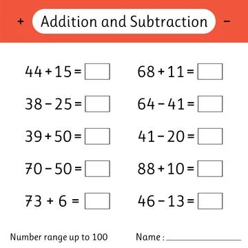 Addition and Subtraction. Number range up to 100. Math worksheet for kids. .. Stock Illustration