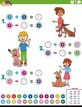 Addition and subtraction task with cartoon children and their pets Stock Illustration