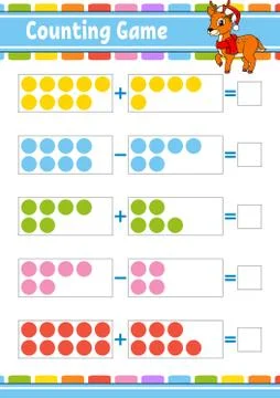 Addition and subtraction. Task for kids. Education developing worksheet. Acti Stock Illustration