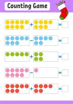 Addition and subtraction. Task for kids. Education developing worksheet. Acti Stock Illustration