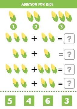 Addition with cartoon corncobs. Math game for kids. Stock Illustration