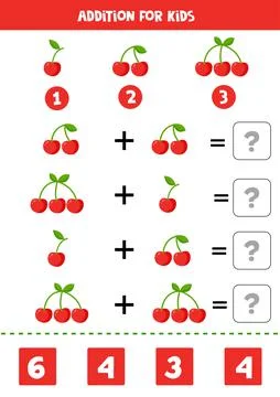 Addition with cute cartoon cherries. Math game. Stock Illustration