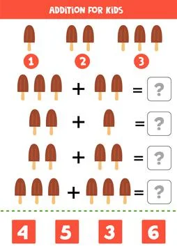 Addition with cute cartoon ice cream. Math game. Stock Illustration