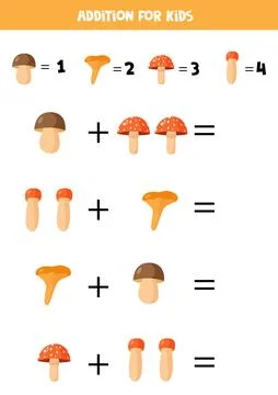 Addition with different mushrooms. Math game for kids. Stock Illustration
