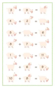 Addition Game Simple Math Sheep Comic Fun Stock Illustration