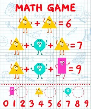 Addition math game with cartoon shape characters Illustrazione stock