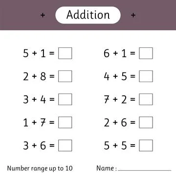 Addition. Number range up to 10. Math worksheet for kids. Developing numera.. Stock Illustration