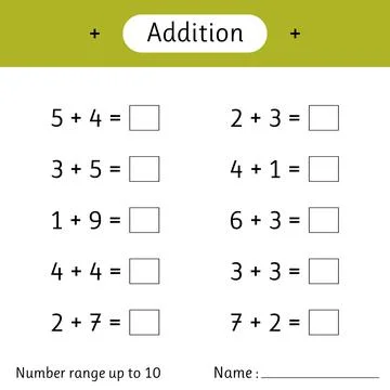Addition. Number range up to 10. Math worksheet for kids. Mathematics. Solv.. Stock Illustration