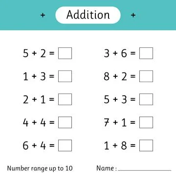 Addition. Number range up to 10. Math worksheet for kids. Solve examples an.. Stock Illustration