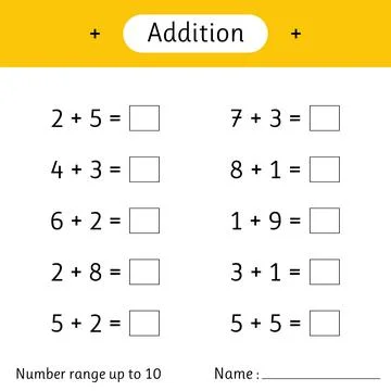 Addition. Number range up to 10. Math worksheet for kids. Solve examples an.. Stock Illustration