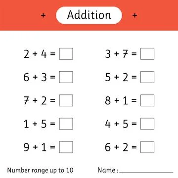 Addition. Number range up to 10. Mathematics. Math worksheet for kids. Solv.. Stock Illustration