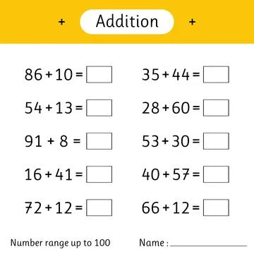 Addition. Number range up to 100. Math worksheet for kids. Mathematics. Sol.. Stock Illustration