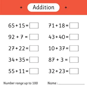 Addition. Number range up to 100. Math worksheet for kids. Developing numer.. Illustrazione stock