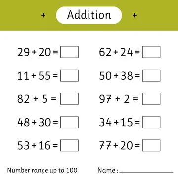Addition. Number range up to 100. Math worksheet for kids. Solve examples a.. Stock Illustration