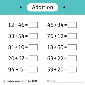 Addition. Number range up to 100. Math worksheet for kids. Solve examples a.. Stock Illustration