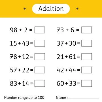 Addition. Number range up to 100. Math worksheet for kids. Mathematics. Sol.. Stock Illustration