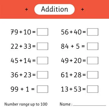 Addition. Number range up to 100. Math worksheet for kids. Developing numer.. Illustrazione stock