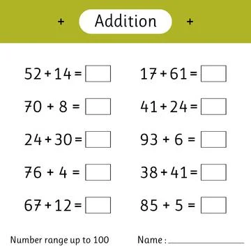 Addition. Number range up to 100. Math worksheet for kids. Solve examples. .. Stock Illustration