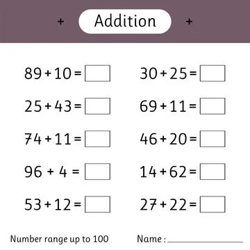 Addition. Number range up to 100. Math worksheet for kids. Solve examples. .. Stock Illustration