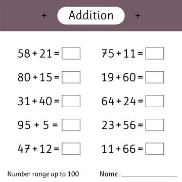 Addition. Number range up to 100. Mathematics. Math worksheet for kids. Sol.. Stock Illustration