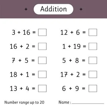 Addition. Number range up to 20. Math worksheet for kids. Mathematics. Solv.. Stock Illustration