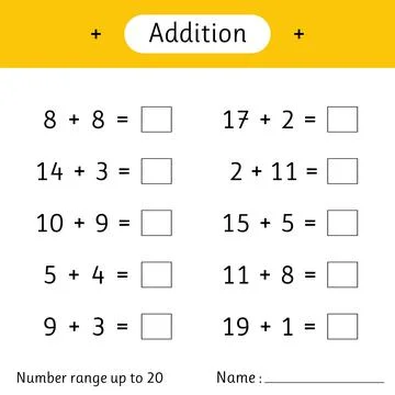 Addition. Number range up to 20. Math worksheet for kids. Developing numera.. Stock Illustration