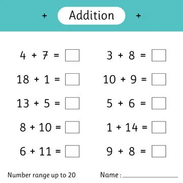 Addition. Number range up to 20. Math worksheet for kids. Solve examples an.. Stock Illustration