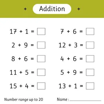 Addition. Number range up to 20. Math worksheet for kids. Solve examples an.. Stock Illustration