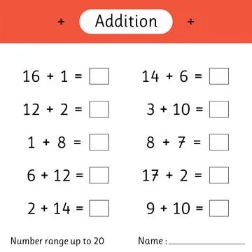 Addition. Number range up to 20. Mathematics. Math worksheet for kids. Solv.. Stock Illustration