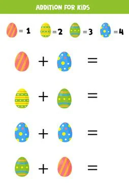 Addition worksheet with cartoon Easter eggs. Math game. Stock Illustration