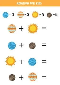 Addition worksheet with different planets and Sun. Math game. Stock Illustration