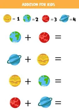 Addition worksheet with different planets. Math game. Stock Illustration