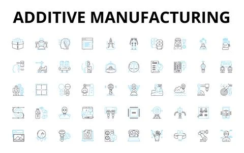 Additive manufacturing linear icons set. D printing, Layering, Polymerization Stock Illustration