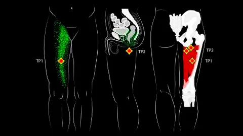 Adductor muscles of the hip. Trigger points and reflected pain on the inside of Stock Illustration