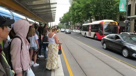 Adelaide, Australia – 2019, Dec 22: Passengers Waiting for City Bus Stock Footage 343474075